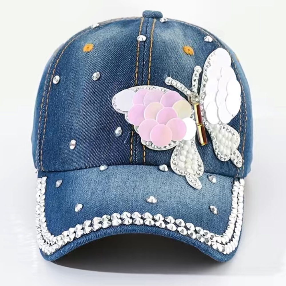 Butterfly Sequin Denim Rhinestone Pearl Baseball Cap